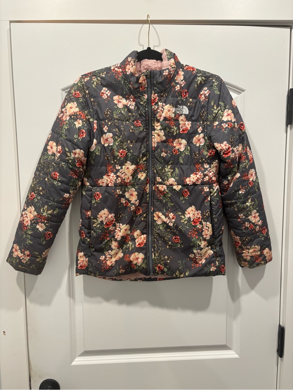 The North Face Girls L 14/16 Reversible Mossbud Swirl Jacket Floral Fleece Gray